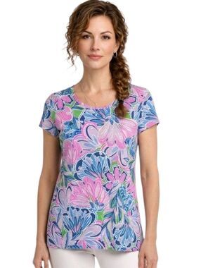 Lilly Pulitzer Etta Blue & Pink Floral Print Scoop Neck Tee Size XS